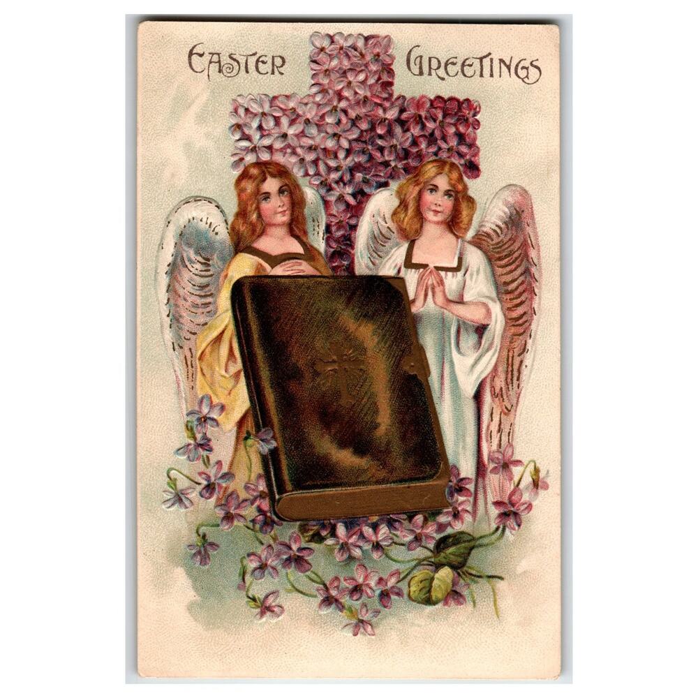 Embossed Easter Greetings Angels Bible Floral Cross Postcard 1911 Greybull WYO